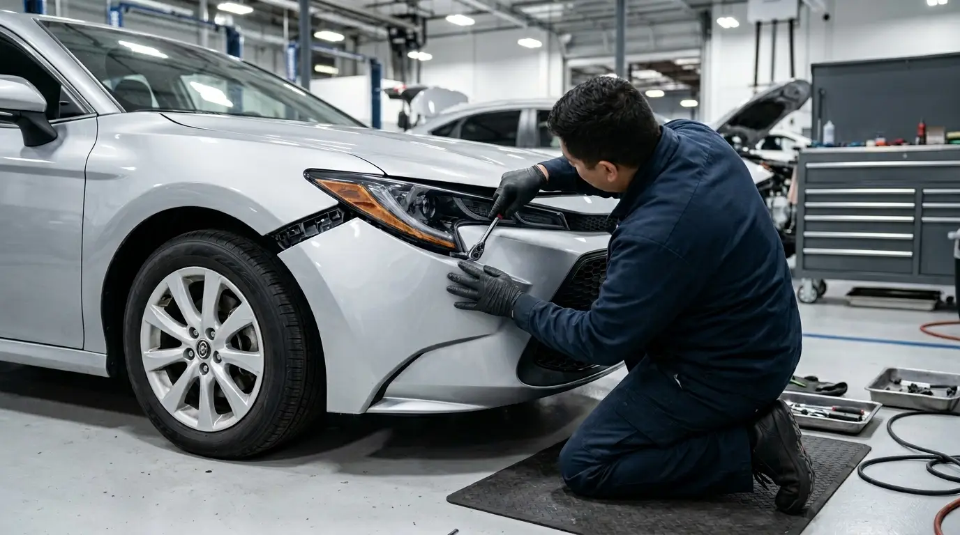 Professional bumper repair service on a damaged vehicle