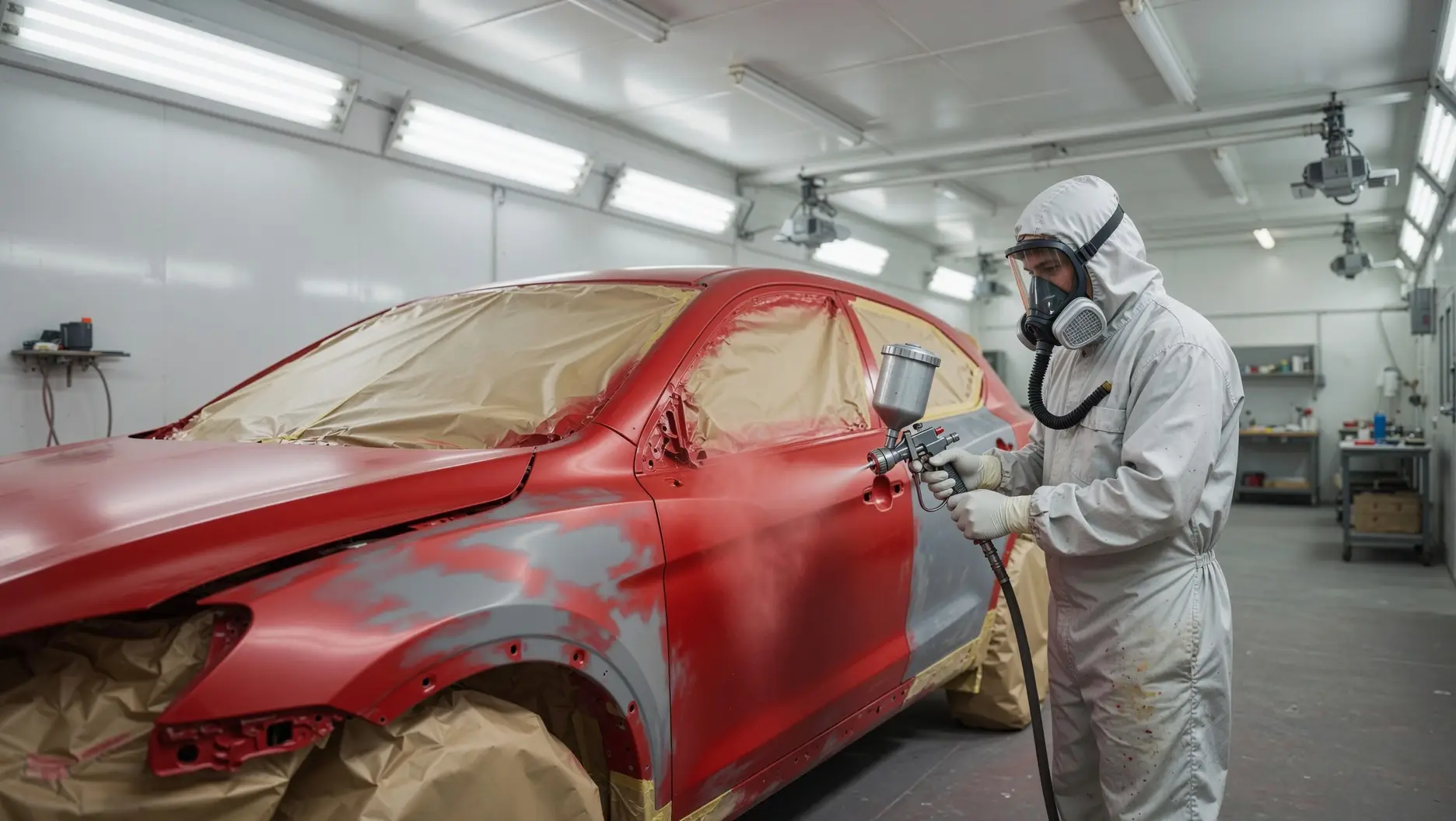 Custom automotive paint job on a red car in a professional spray booth