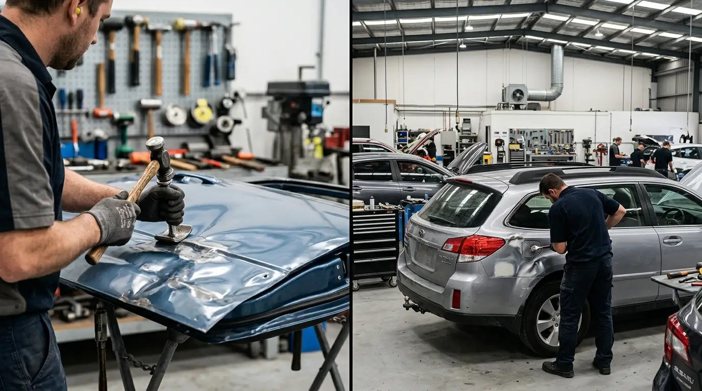Professional panel beating service restoring damaged vehicle body panels
