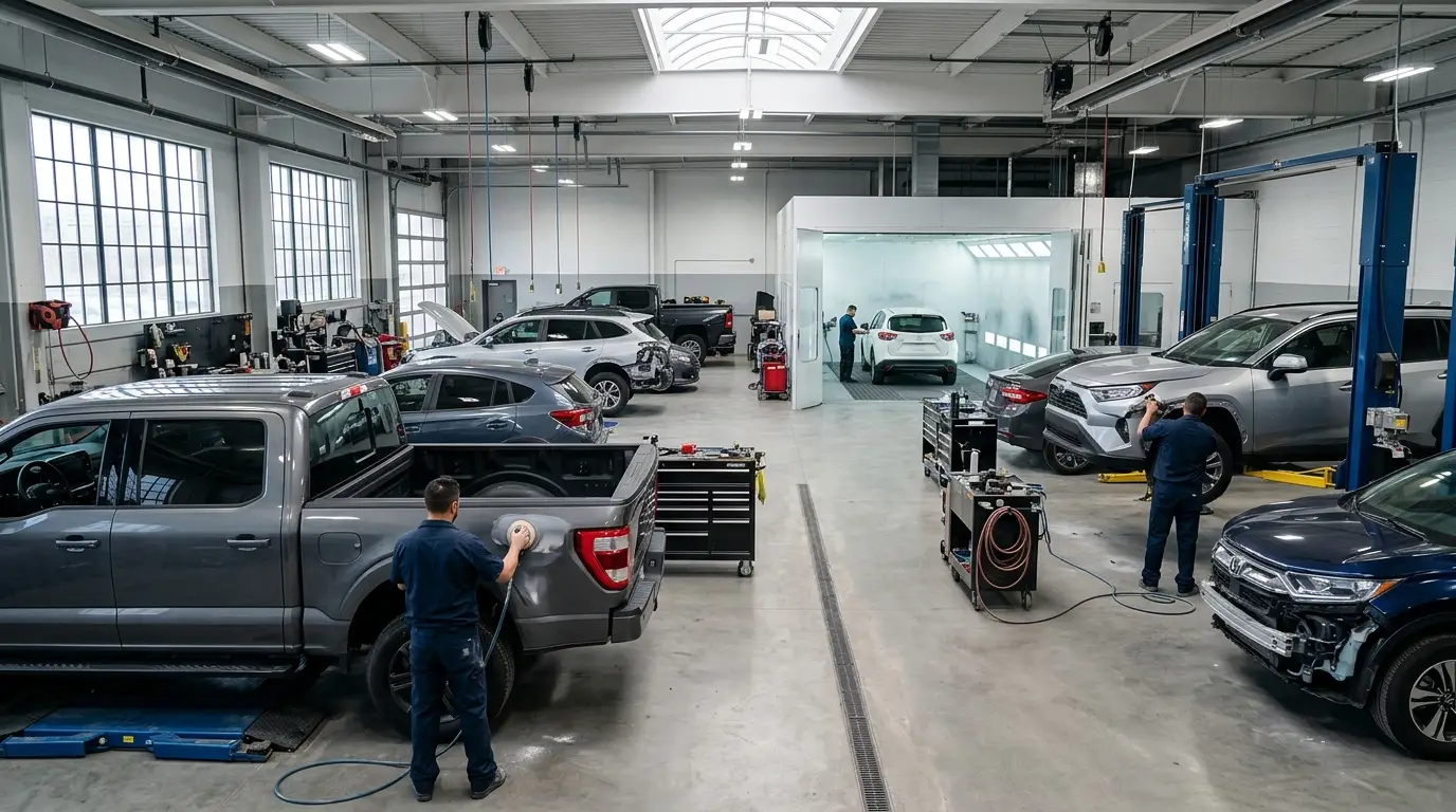 Interior of Speedy Repair Hub workshop showing cars being restored in Oldbury Birmingham